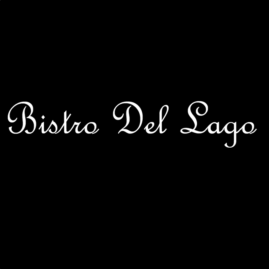 Text logo for "Bistro Del Lago" on a black background.