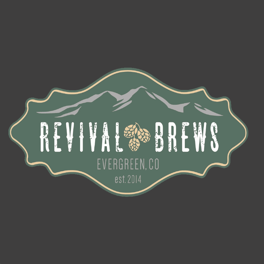 Logo for Revival Brews featuring mountains and hops, established in 2014, located in Evergreen, Colorado.