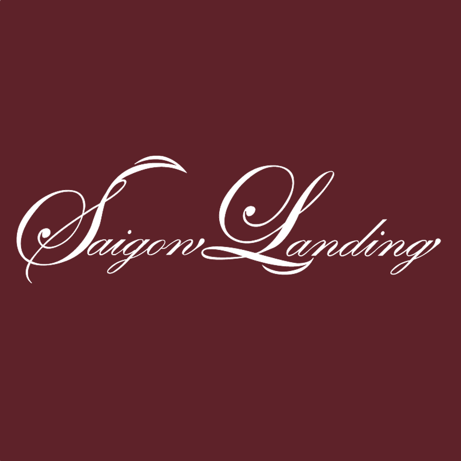 Logo design for "Saigon Landing" on a maroon background.
