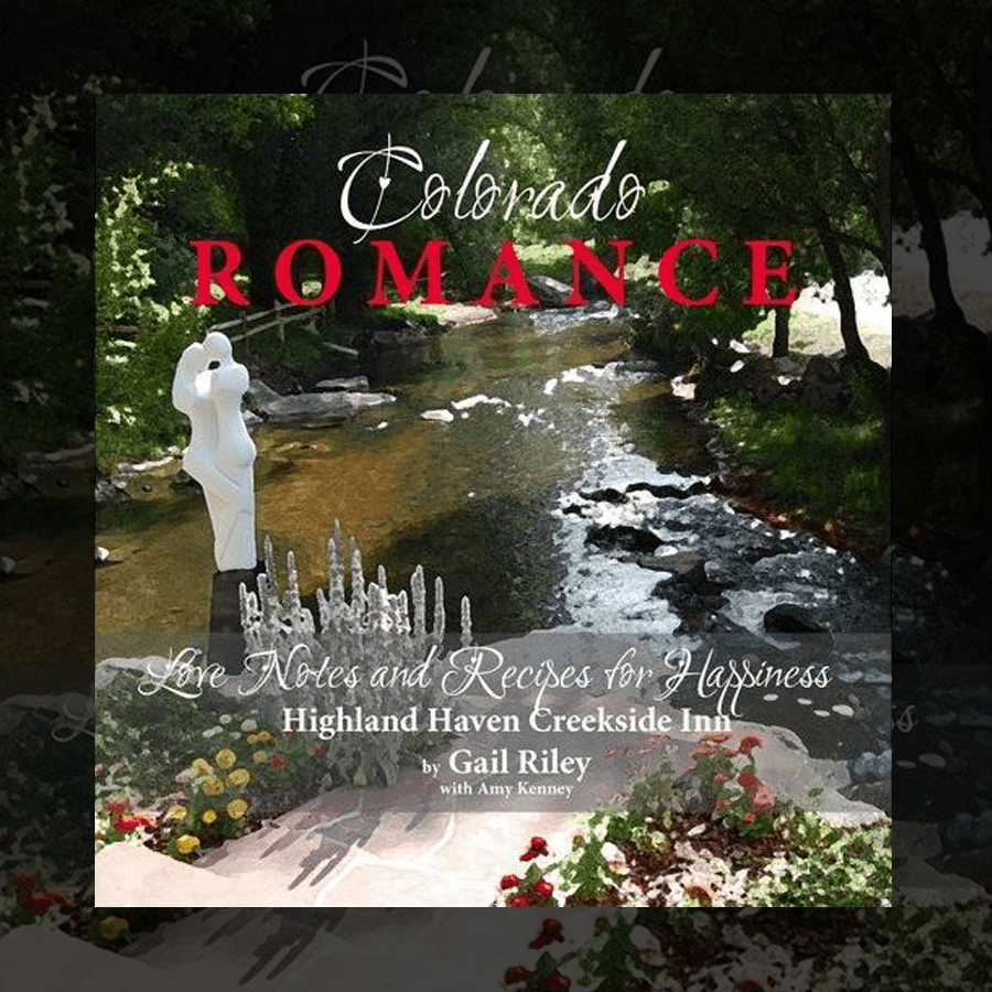 Cover of "Colorado Romance" featuring a serene creek scene and a white sculpture amidst greenery and flowers.