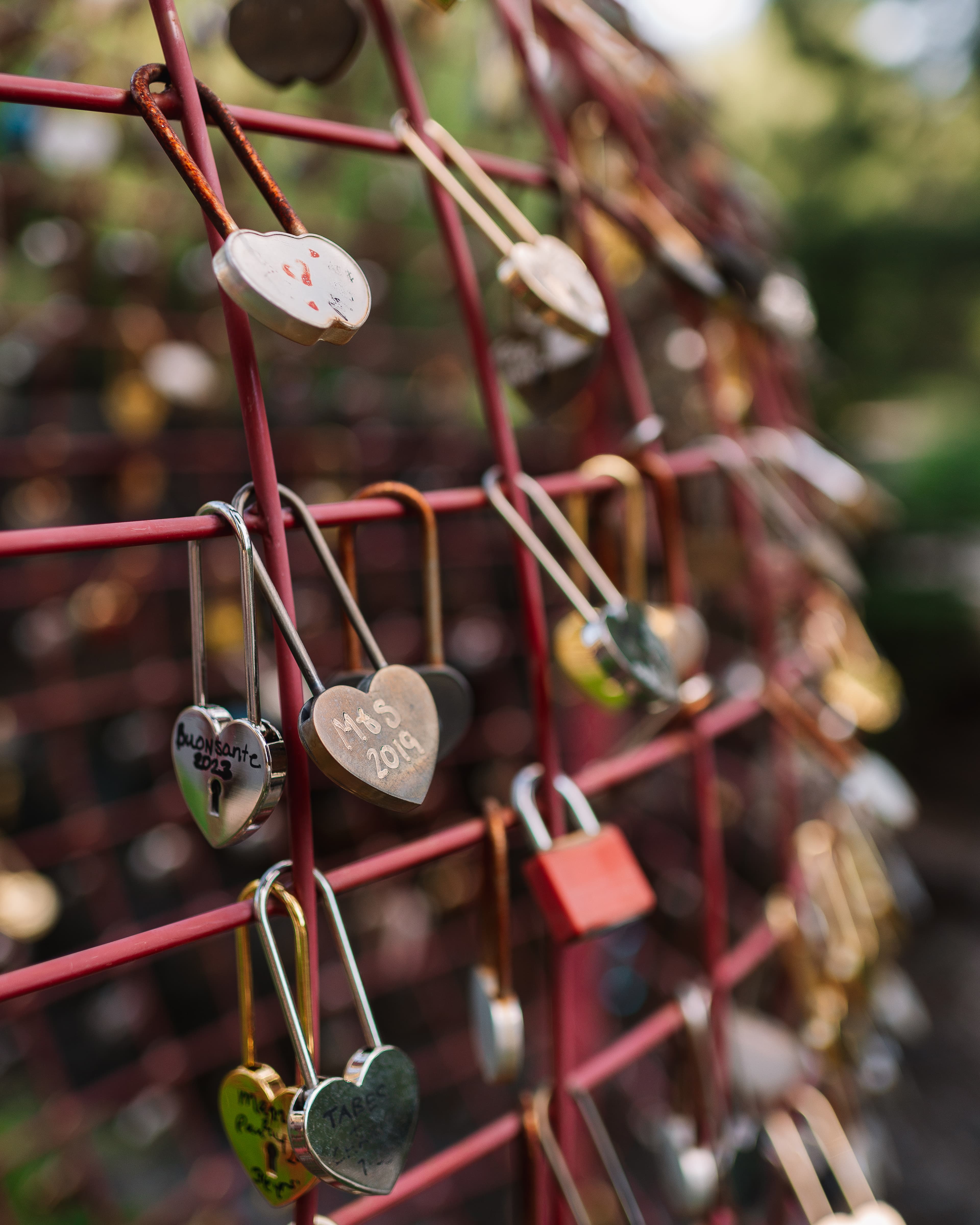 A close-up of various padlocks, many shaped like hearts, attached to a metal grid.